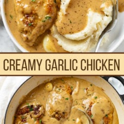 A collage of Creamy Garlic Chicken with a label in the middle.