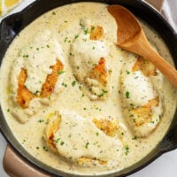 Creamy Herb Chicken in a skillet with a wooden spoon and fresh parsley.