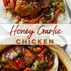 A collage of Honey Garlic Chicken on a plate and in a skillet.