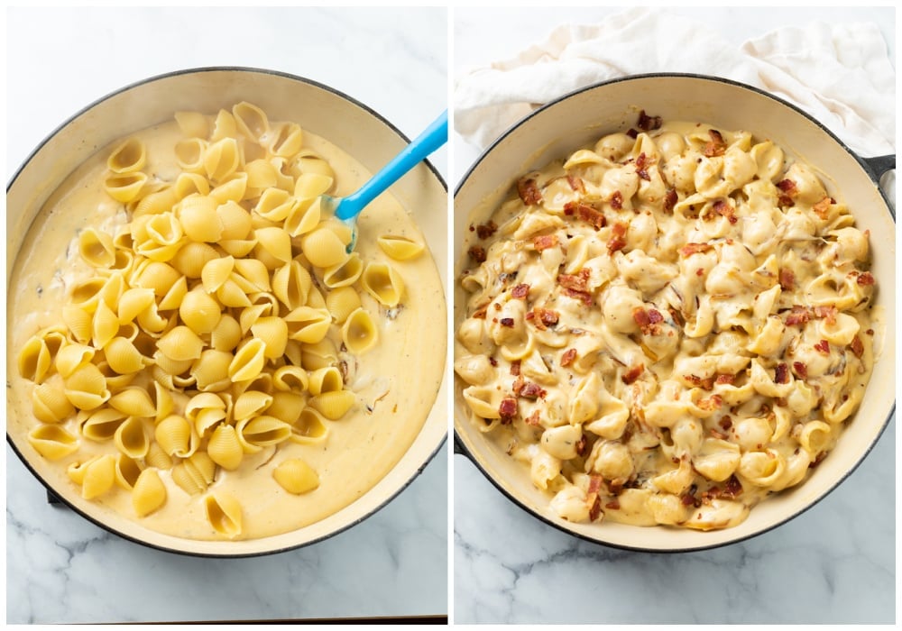 Adding pasta shells to cheese sauce and stirring to make creamy bacon mac and cheese.