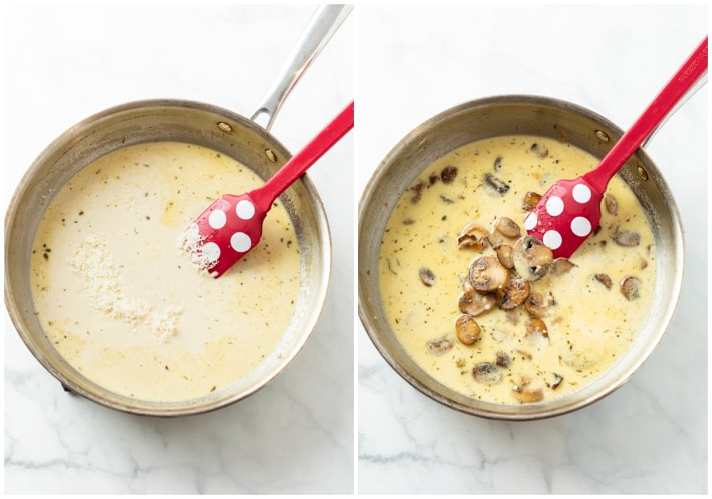 A skillet with cheese and mushrooms being added to make a creamy mushroom sauce for pasta.