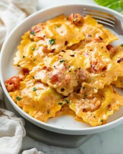 A white plate with Ravioli in a tomato cream sauce with tomatoes.