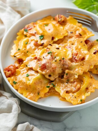 A white plate with Ravioli in a tomato cream sauce with tomatoes.