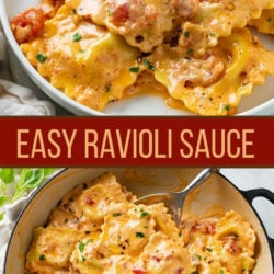 A collage of ravioli in a creamy sauce.