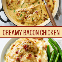 A collage of creamy bacon chicken in a skillet and on a plate.