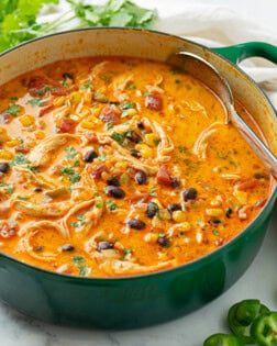 A soup pot full of Chicken Enchilada Soup with a spoon in it and cilantro in the background.