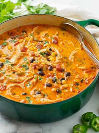 A soup pot full of Chicken Enchilada Soup with a spoon in it and cilantro in the background.