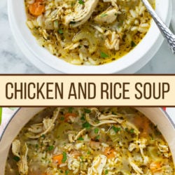 A collage of Chicken and Rice Soup in a pot and in a bowl.