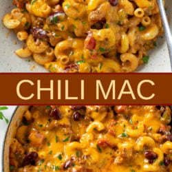 A collage of Chili Mac in a pot and in a bowl.