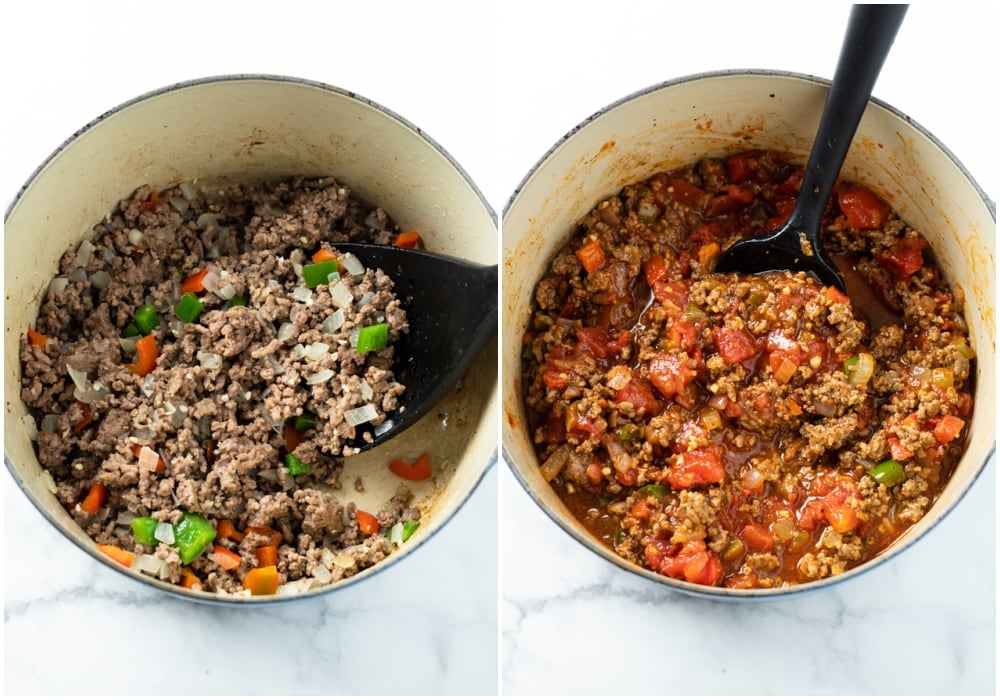 Ground beef in a pot with peppers, onions, diced tomatoes, and tomato sauce to make Chili.