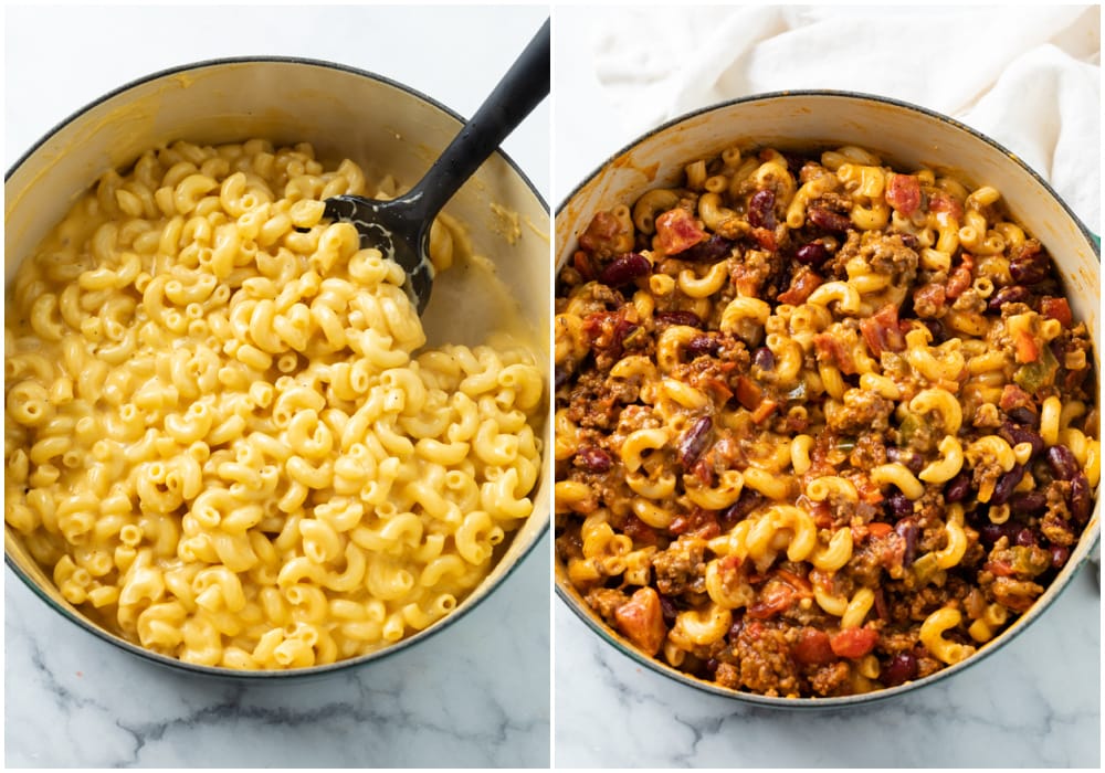 A pot of creamy macaroni and cheese next to a pot of Chili Mac.