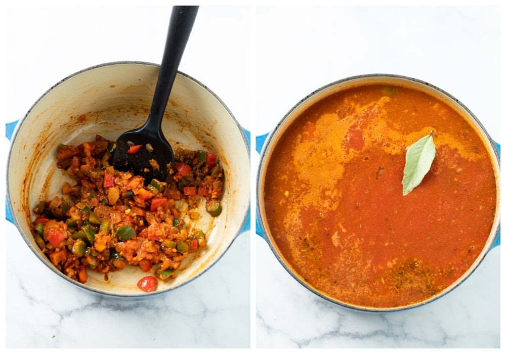 Vegetables in tomato paste with tomato broth being added and a bay leaf.