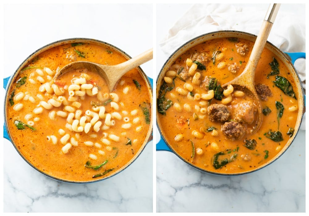 Adding pasta, spinach, and meatballs to Meatball Soup.