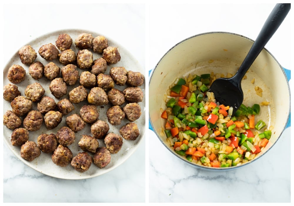 Browned meatballs next to a pot of sautéed vegetables.