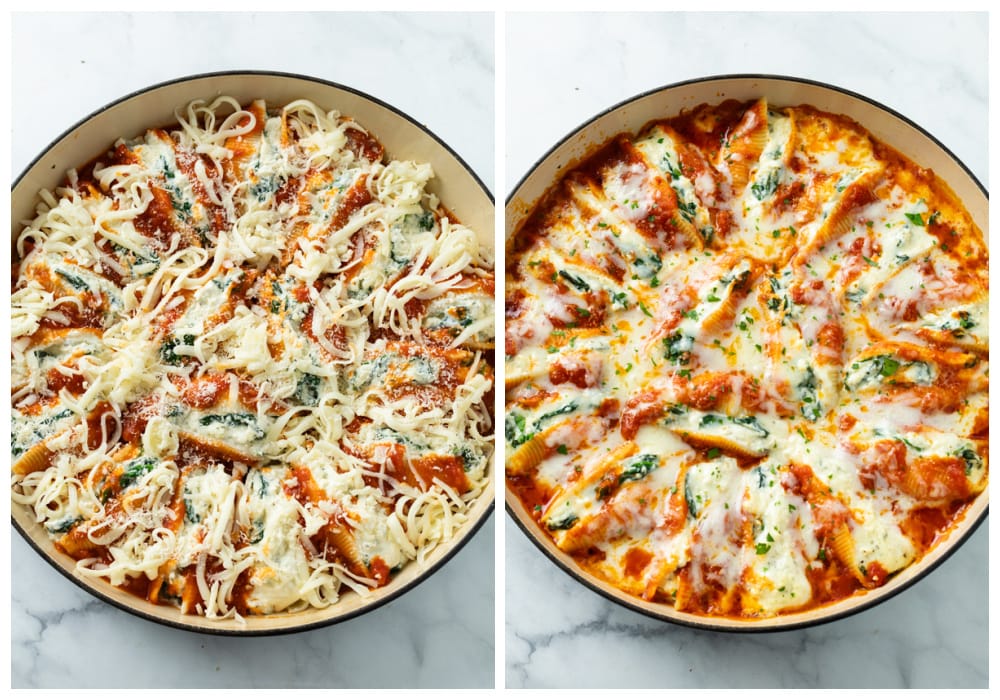 A baking dish of stuffed shells before and after baking.