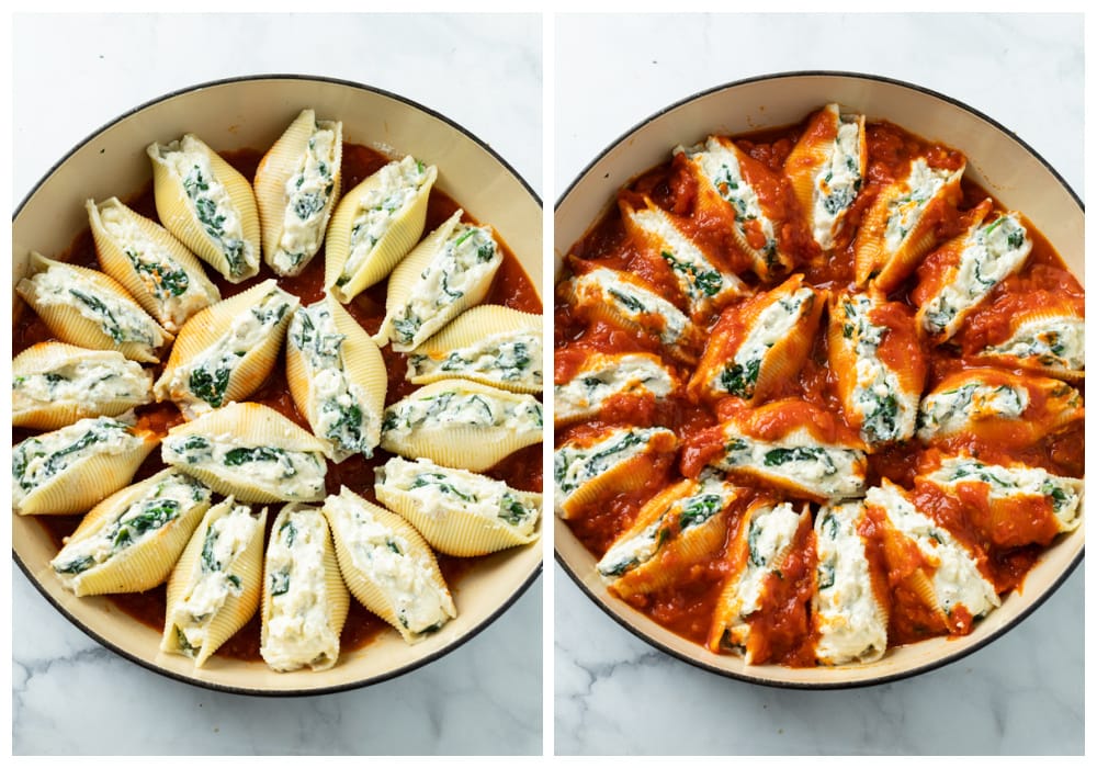 Stuffed shells in a skillet before and after marinara sauce is added.