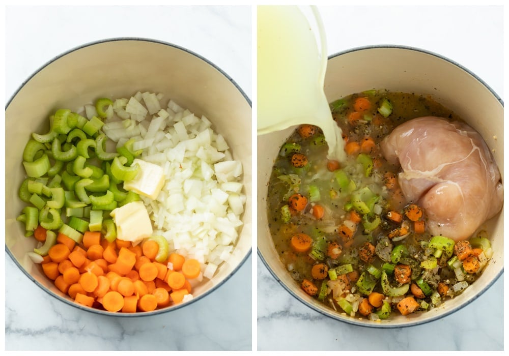 Cooking diced vegetables in butter and adding chicken, seasonings, and broth.