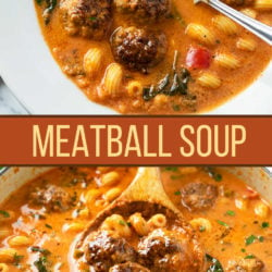 A collage of meatball soup in a soup pot and in a white bowl.