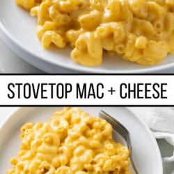 A collage of stovetop mac and cheese on a plate.