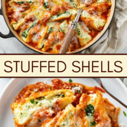 A collage of stuffed shells in a baking dish and on a plate.