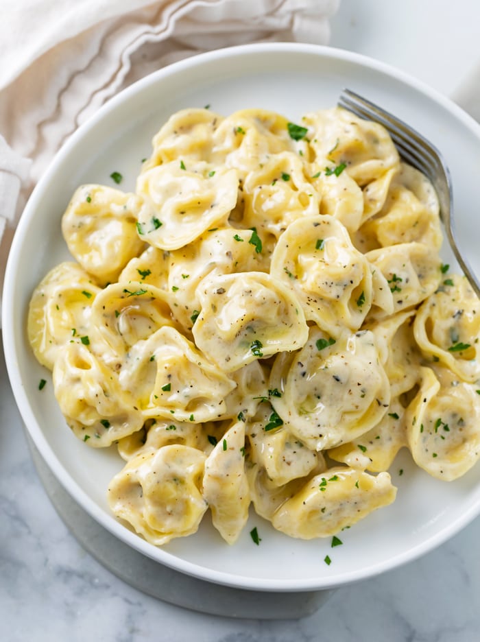 A white plate topped with Tortellini in a creamy sauce.