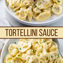 A collage of tortellini in a cream sauce with a label in the middle.