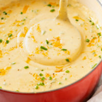 A ladle full of Cheesy Potato Soup from a Dutch oven with cheese and chives on top.