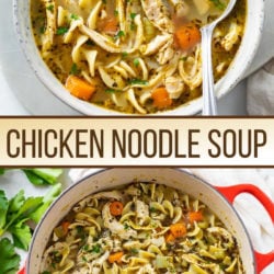 A collage of Chicken Noodle Soup in a bowl and in a pot.