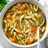 A bowl of Chicken Noodle Soup with egg noodles, seasonings, and vegetables.