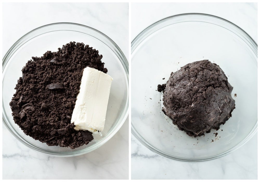 A glass bowl with crushed Oreos and cream cheese before and after mixing.
