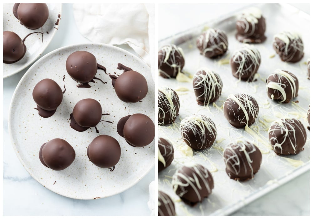 Oreo truffles coated in chocolate with more chocolate swirled on top.
