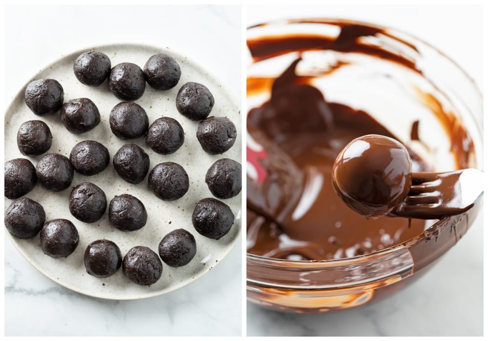 Rolled out Oreo Truffles on a plate and being dipped into melted chocolate.