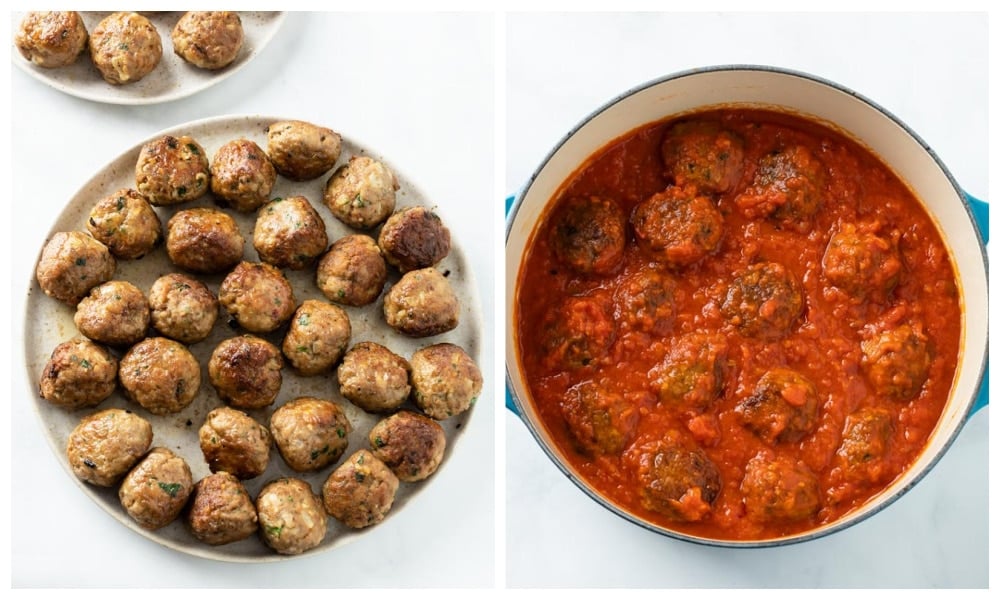 Browned meatballs on a plate next to a pot of meatballs in marinara sauce.