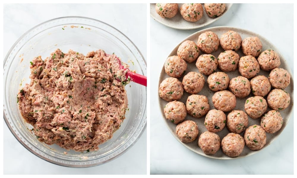 Meatballs before and after being rolled into 1.5 inch balls.