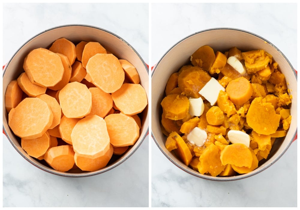 A dutch oven with sliced sweet potatoes before and after being boiled.