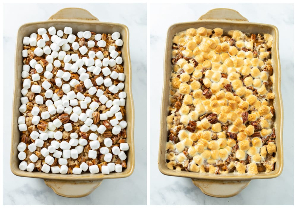 Sweet Potato Casserole topped with Pecans and Mini Marshmallows before and after baking.