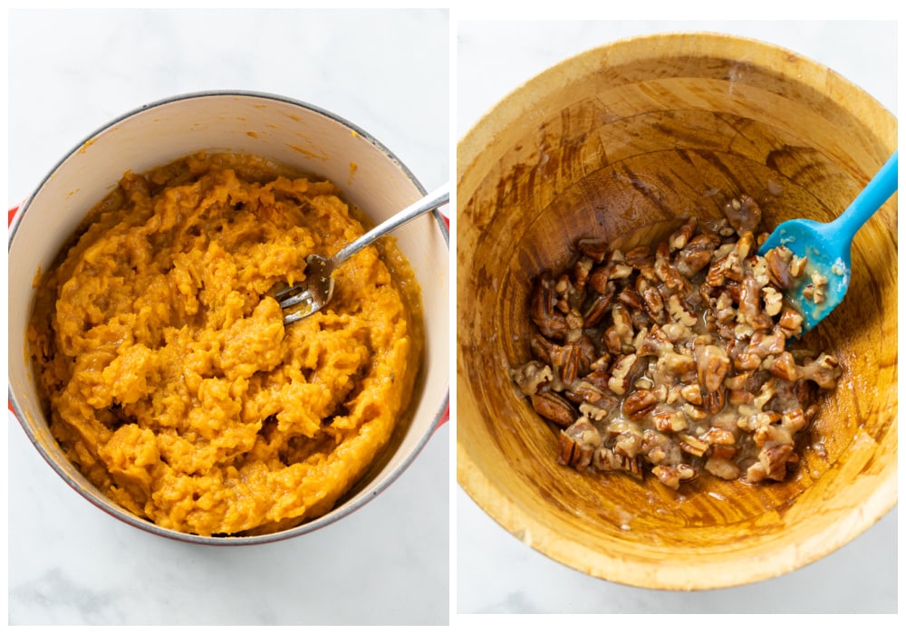Mashed Sweet Potatoes next to a bowl with a crumbled Pecan topping.
