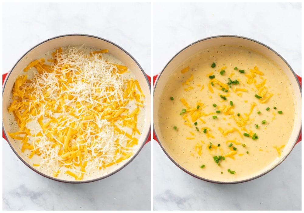 Adding cheese to Cheesy Potato Soup.