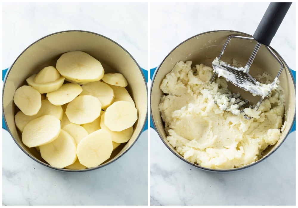 Potatoes before and after cooking and mashing.