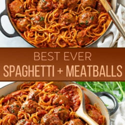 A collage of Spaghetti and Meatballs in a pot with a wooden spoon.