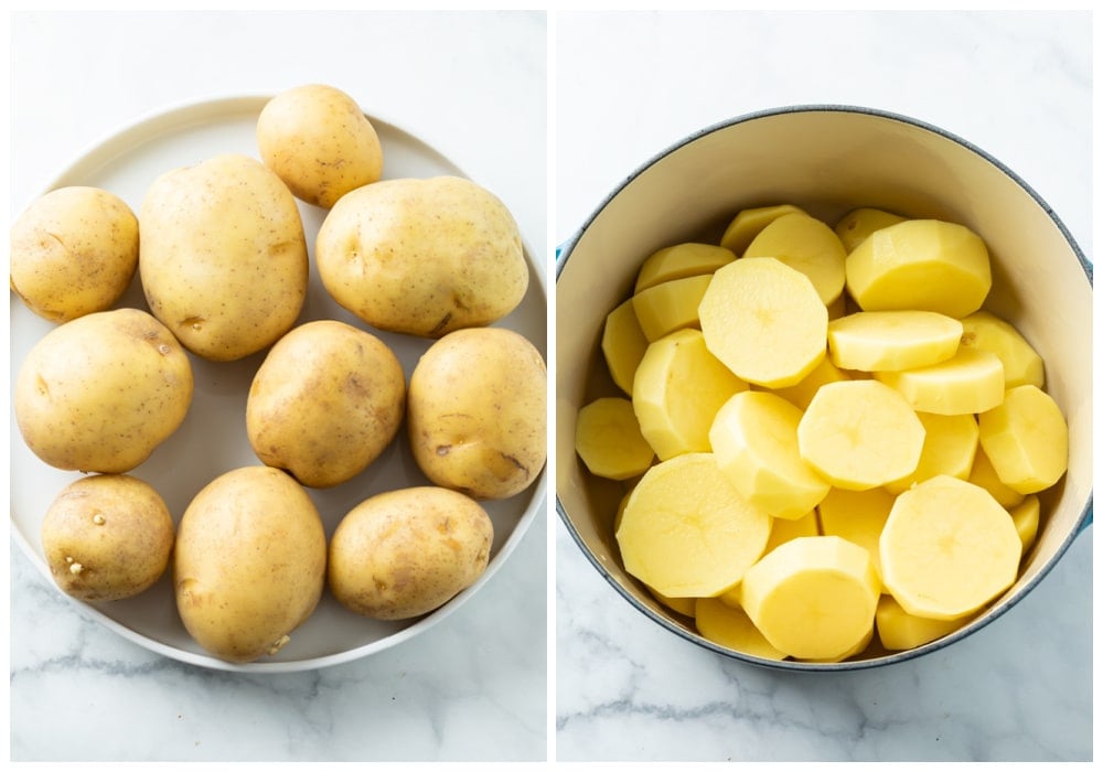 Whole unpeeled yellow potatoes next to a pot of peeled and sliced potatoes.