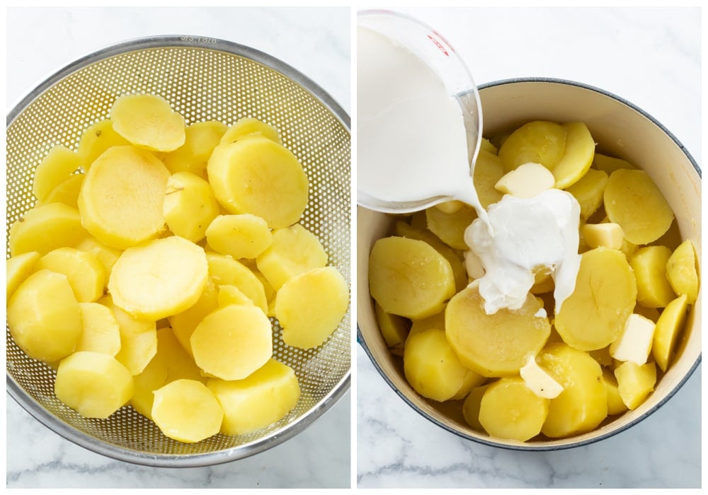 Sliced potatoes in a colander next to a pot of cooked potatoes with butter and cream being added.