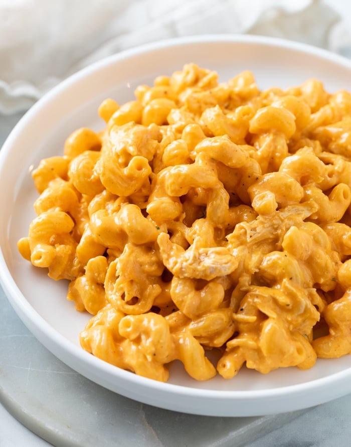 Buffalo Chicken Mac and Cheese on a white plate.