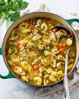 A soup pot filled with Chicken Tortellini Soup with a ladle in it.