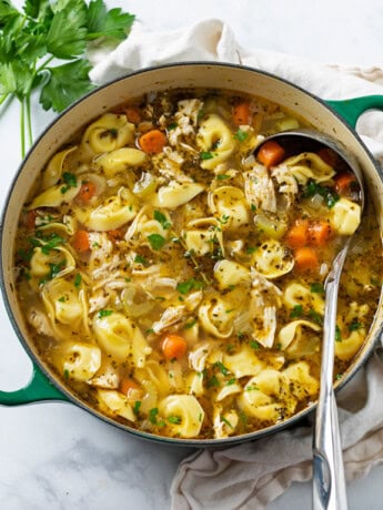 A soup pot filled with Chicken Tortellini Soup with a ladle in it.