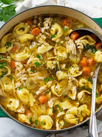 A soup pot filled with Chicken Tortellini Soup with a ladle in it.