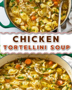 A collage of Chicken Tortellini Soup in a soup pot with a ladle on the side.