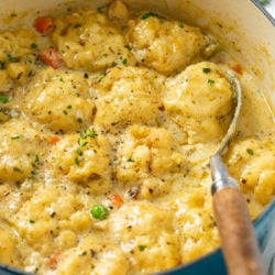 A blue Dutch oven filled with Chicken and Dumplings with chicken and vegetables.