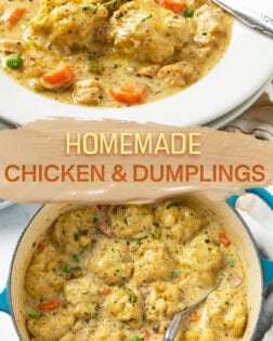 A collage of Chicken and Dumplings in a white bowl and in a blue pot.