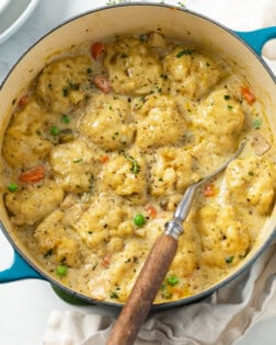 A Dutch oven filled with Chicken and Dumplings with chicken and vegetables.